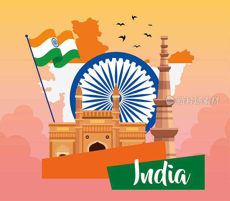 indian happy independence day, ashoka chakra with flag and monuments traditional